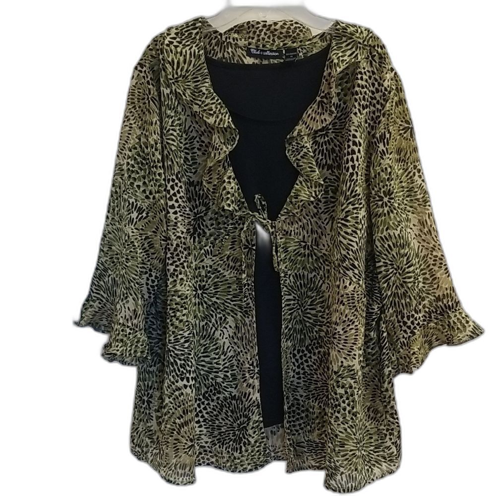 Club & Collection Green Animal Print Layered Blouse 2-in-1 Attached Tank XL